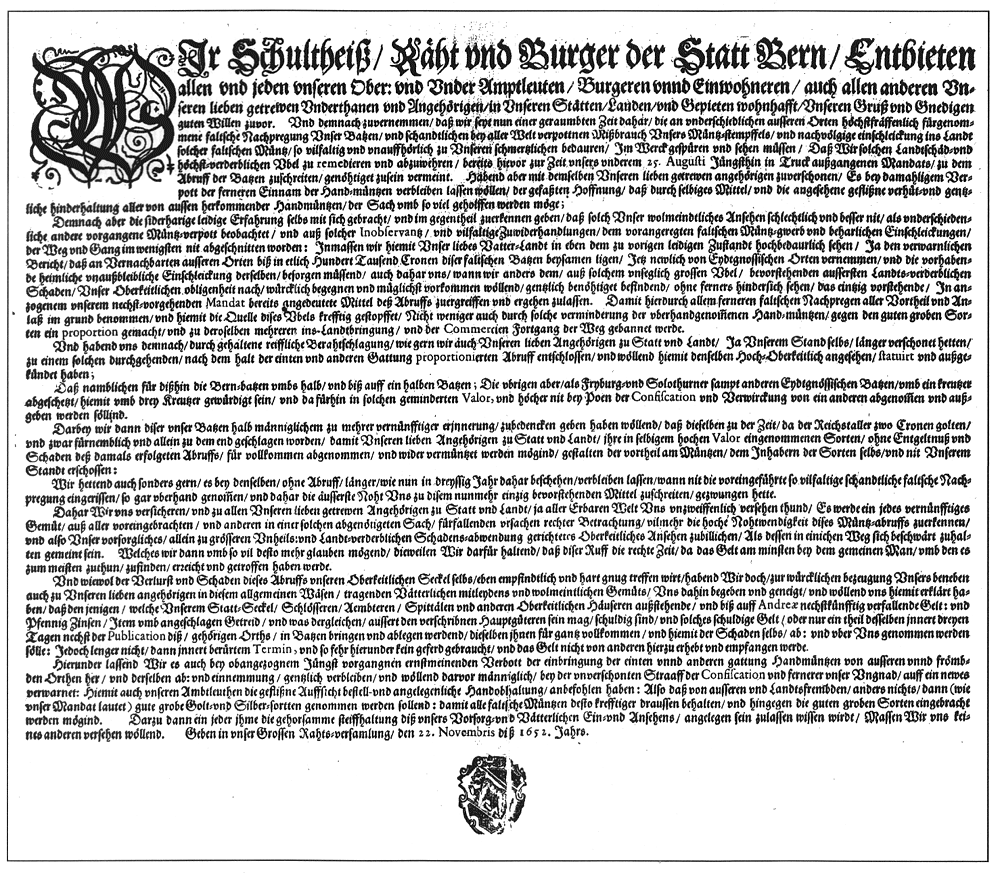 Berner M&uuml;nzmandat 1652